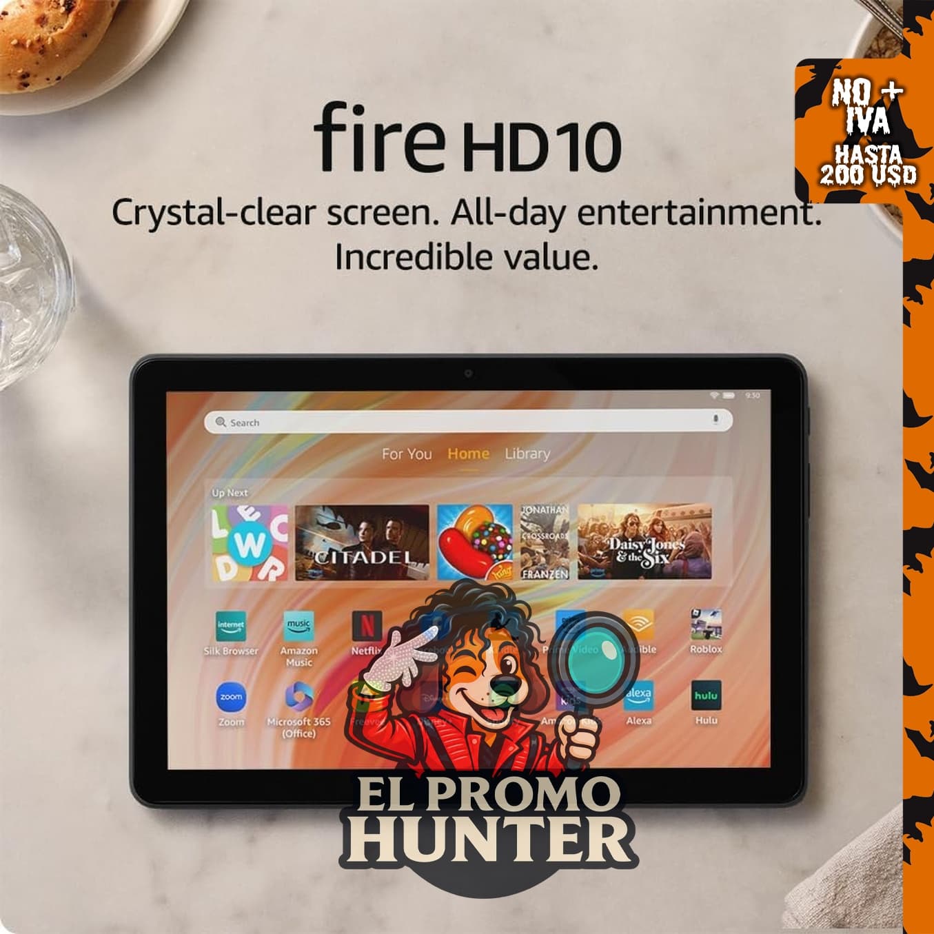 Tablet Amazon Fire HD 10, pantalla Full HD de 10.1", procesador de ocho núcleos, 4 GB de RAM, 32 GB.