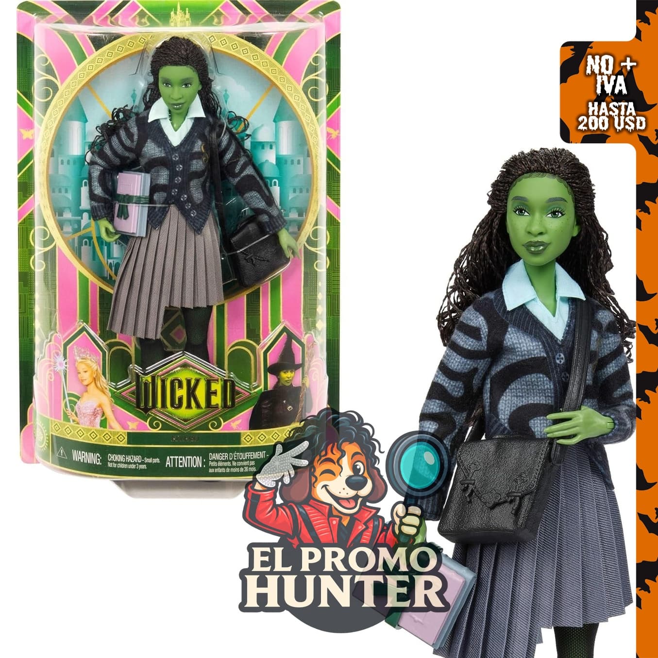 Muñeca Mattel Wicked Elphaba con piel verde y cabello negro trenzado, incluye uniforme escolar extraíble.