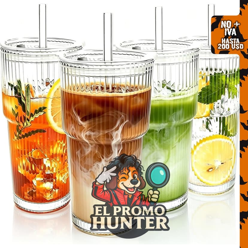 Set de 4 vasos de vidrio de 20 oz con tapas y pajitas, ideales para bebidas frías.