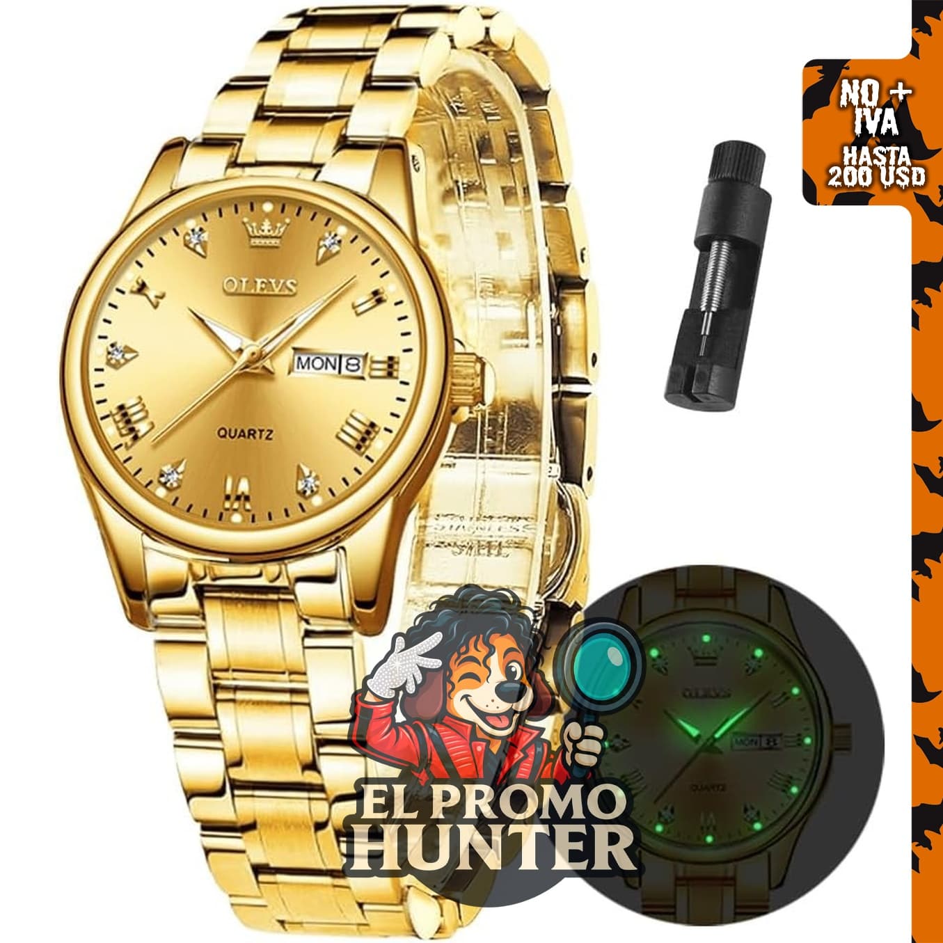 OLEVS Reloj de pulsera clásico dorado para mujer, acero inoxidable, impermeable, con fecha.