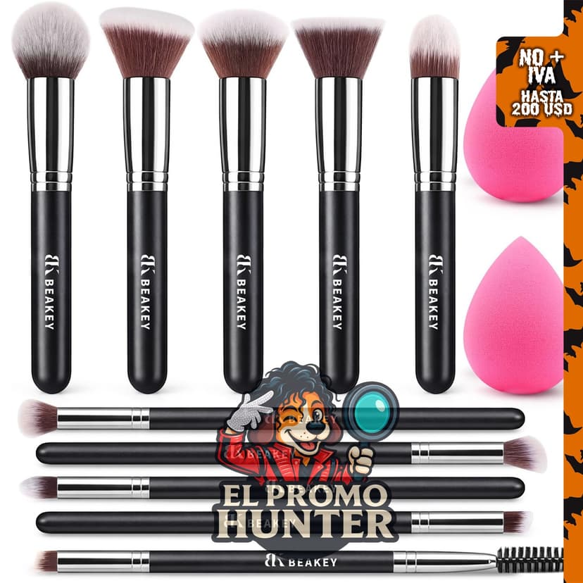 BEAKEY Juego de brochas de maquillaje con 2 esponjas de mezcla y 10 pinceles.