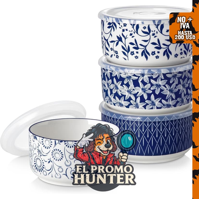 Juego de 4 tazones de cerámica de 36 oz con tapas para almacenamiento de alimentos.