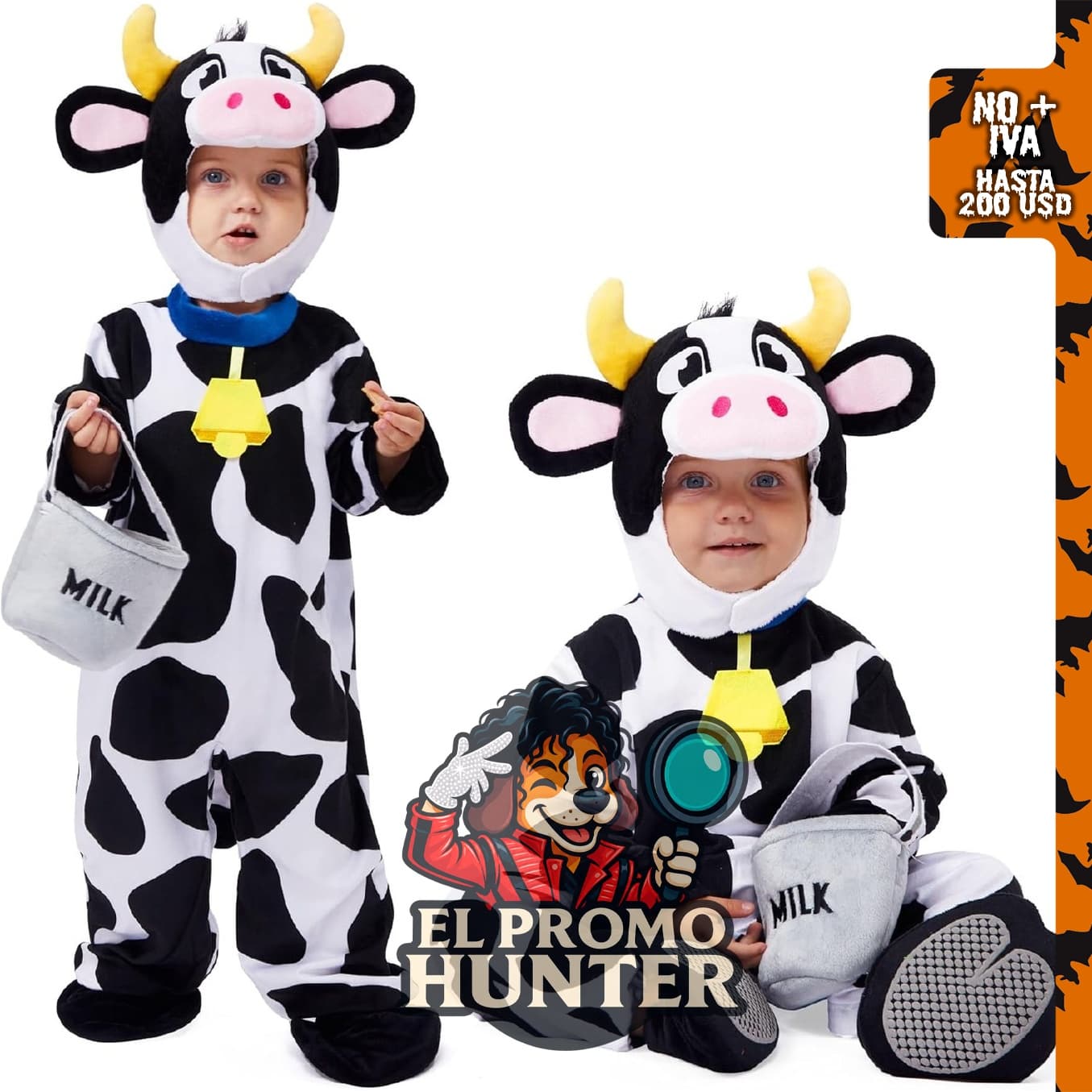 Disfraz de vaca unisex para niños de 3 a 4 años, incluye cubeta para ordeñar.