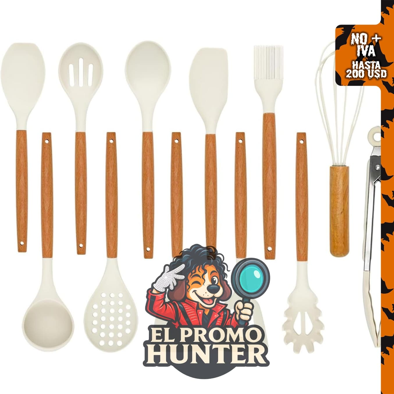 Juego de utensilios de cocina de silicona de 12 piezas con mango de madera, resistente al calor y antiadherente.