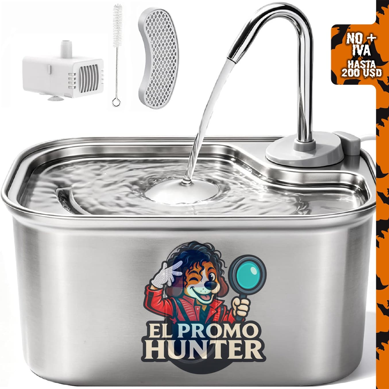 Fuente de agua para gatos de acero inoxidable, 2.5 L, 85 oz, con filtro de 6 capas y funcionamiento a 15 dB.