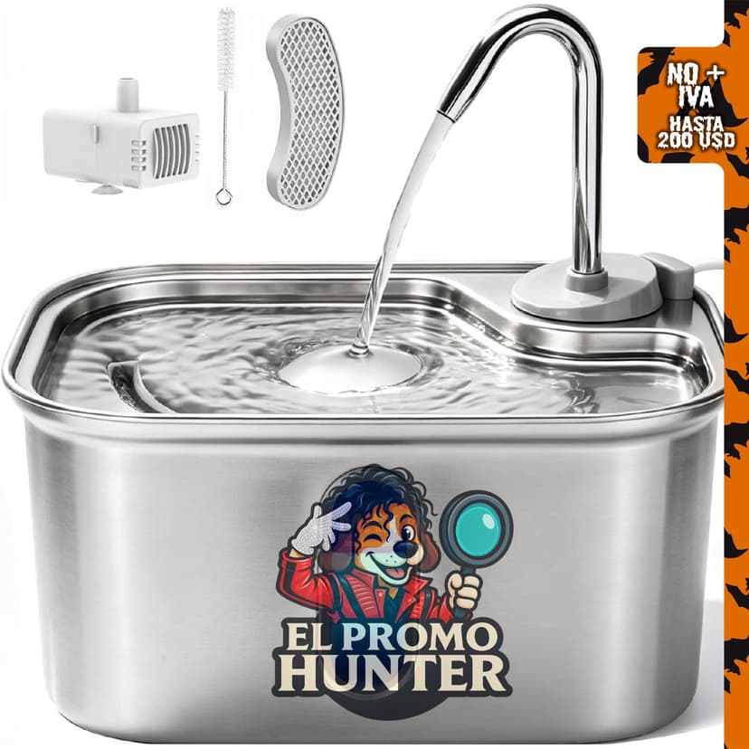 Fuente de agua para gatos de acero inoxidable, 2.5 L, 85 oz, con filtro de 6 capas y funcionamiento a 15 dB.
