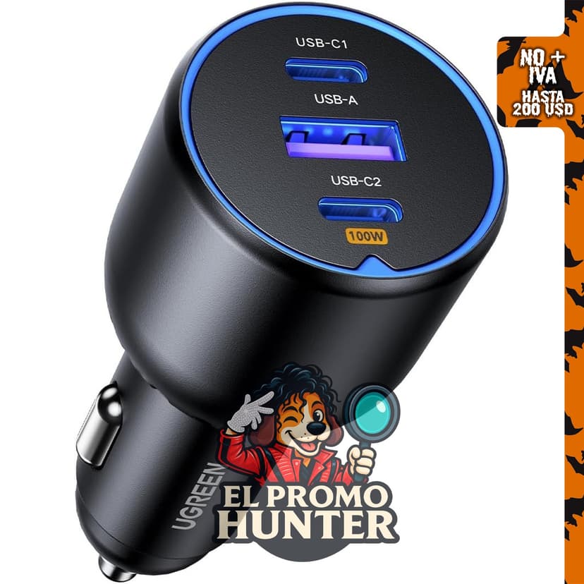 Cargador de coche UGREEN 130W con 3 puertos USB C, adaptador para encendedor de cigarrillos.