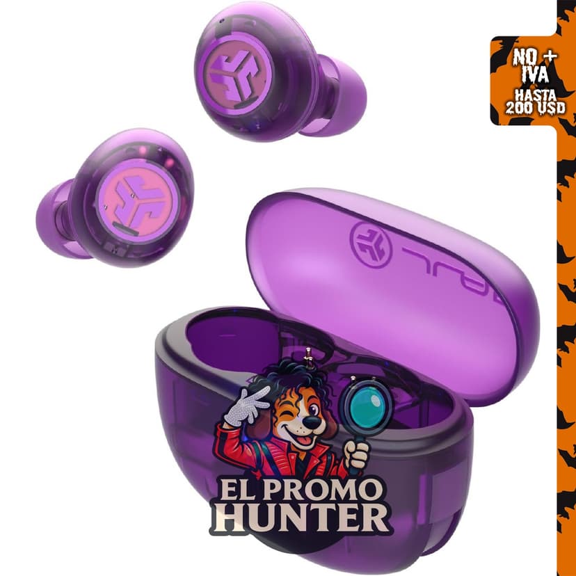 JLab Go Pop ANC Auriculares inalámbricos con doble conexión, color morado transparente.