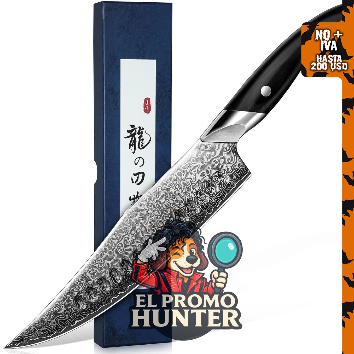 Cuchillo de chef japonés DRAGON RIOT de damasco con núcleo de acero VG10, hecho a mano con mango ergonómico.