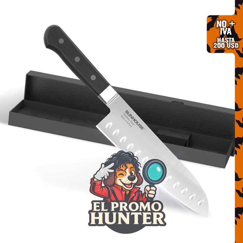 Cuchillo Santoku de 7" Sunhouse, cuchillo de chef profesional japonés AUS-8 de acero de alto carbono.