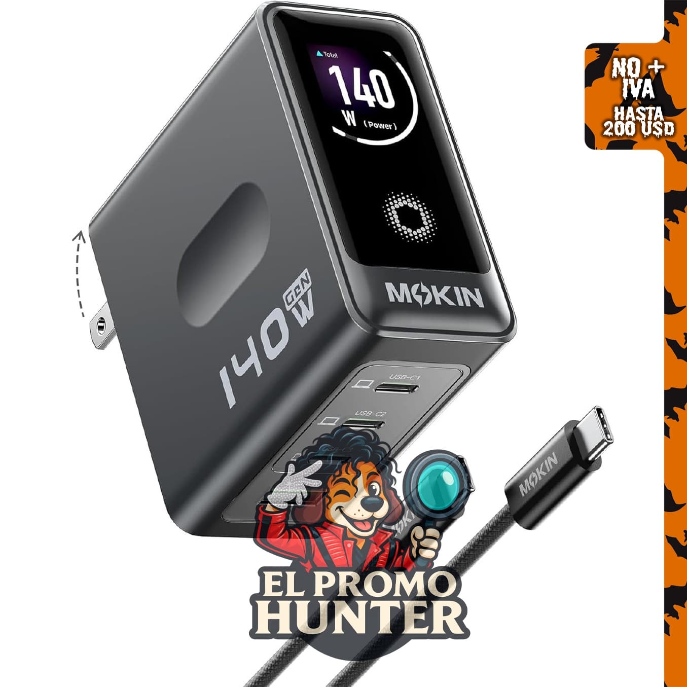 MOKiN Cargador USB C de 140 W con pantalla inteligente y 4 puertos GaN para MacBook y iPhone 18.