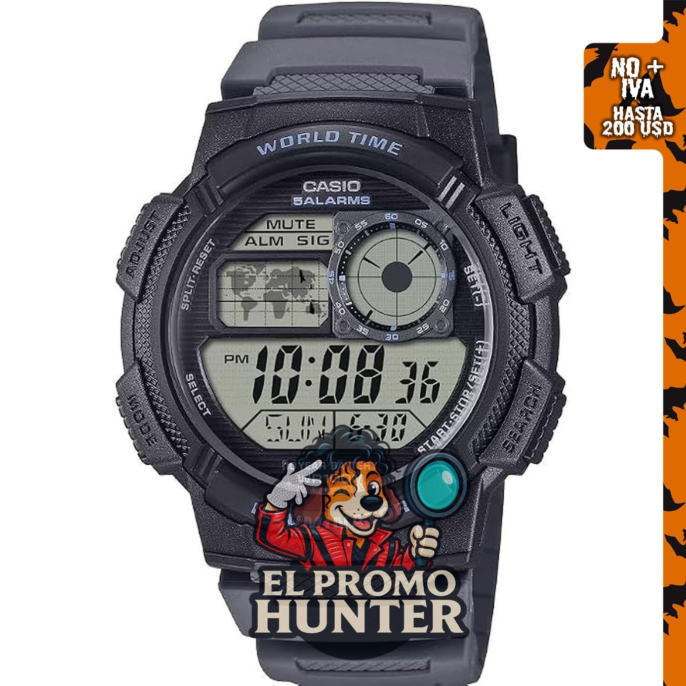 Reloj Casio Serie AE-1000W, digital, con batería de 10 años, hora mundial y alarma diaria.
