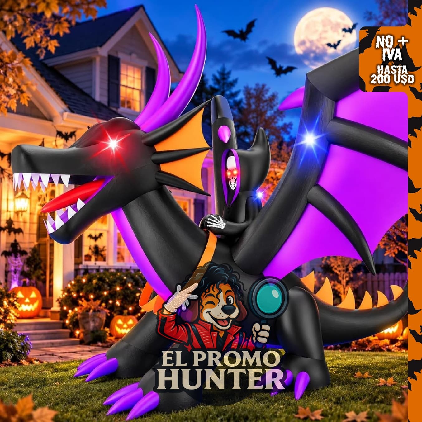 Skirfy Dragón Inflable de Halloween de 7 pies con luces LED para exteriores.