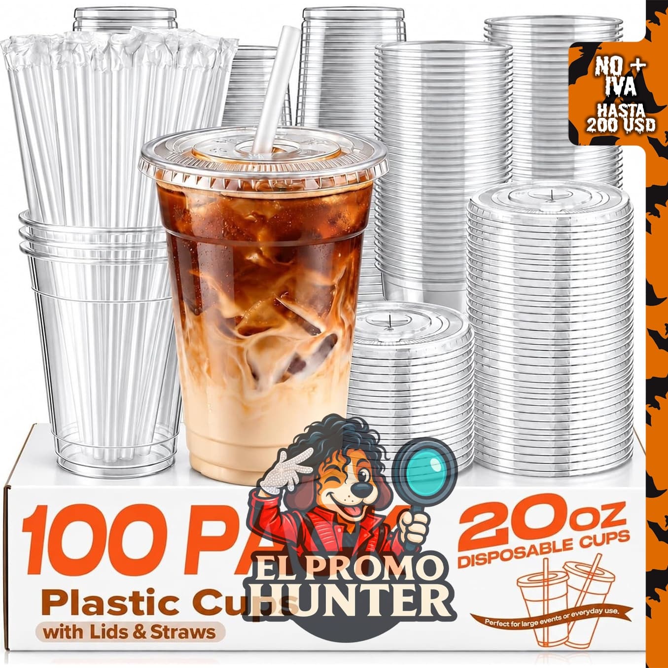 Paquete de 100 vasos de plástico desechables de 20 oz (591 ml) con tapas.