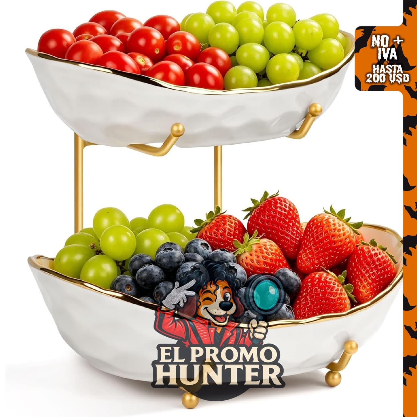 Frutero de cerámica de 2 niveles para encimera, soporte para frutas y verduras frescas.