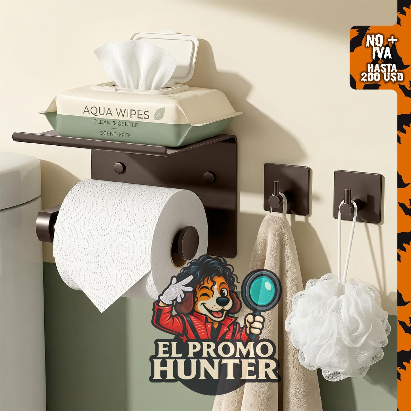 Tindbea soporte de papel higiénico con estante para teléfono y ganchos para toallas, soporte de pared.