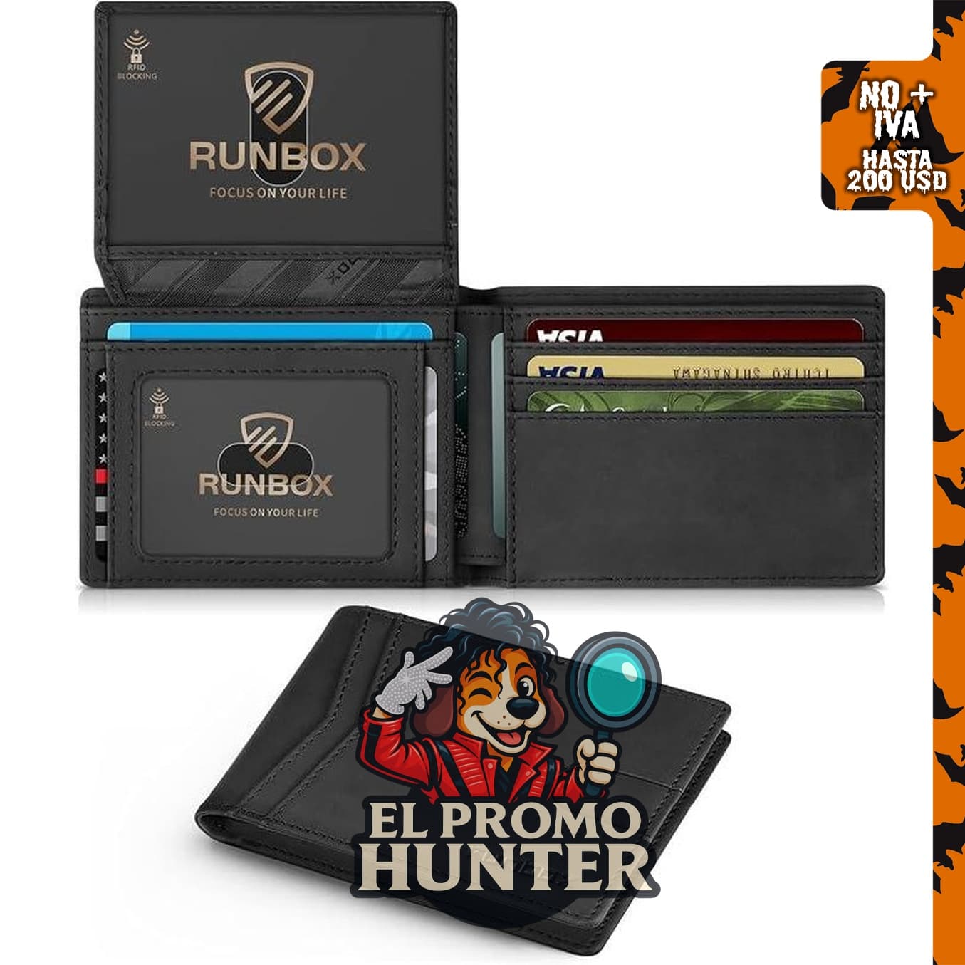 RUNBOX Cartera delgada para hombres, de cuero, con 2 ventanas para identificación y tecnología RFID.