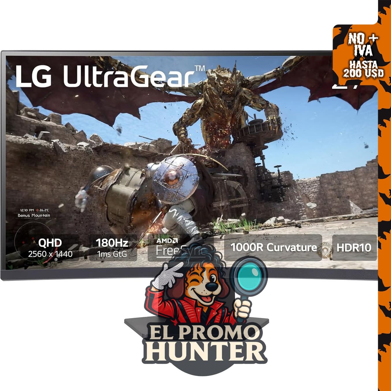 Monitor curvo LG 27GS60QC-B de 27" QHD (2560x1440) con 180Hz y 1ms de tiempo de respuesta.