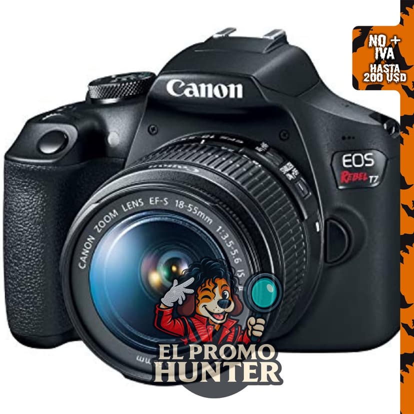 Canon EOS Rebel T7 DSLR con lente de 18-55mm, sensor CMOS de 24.1 MP y procesador DIGIC 4+.