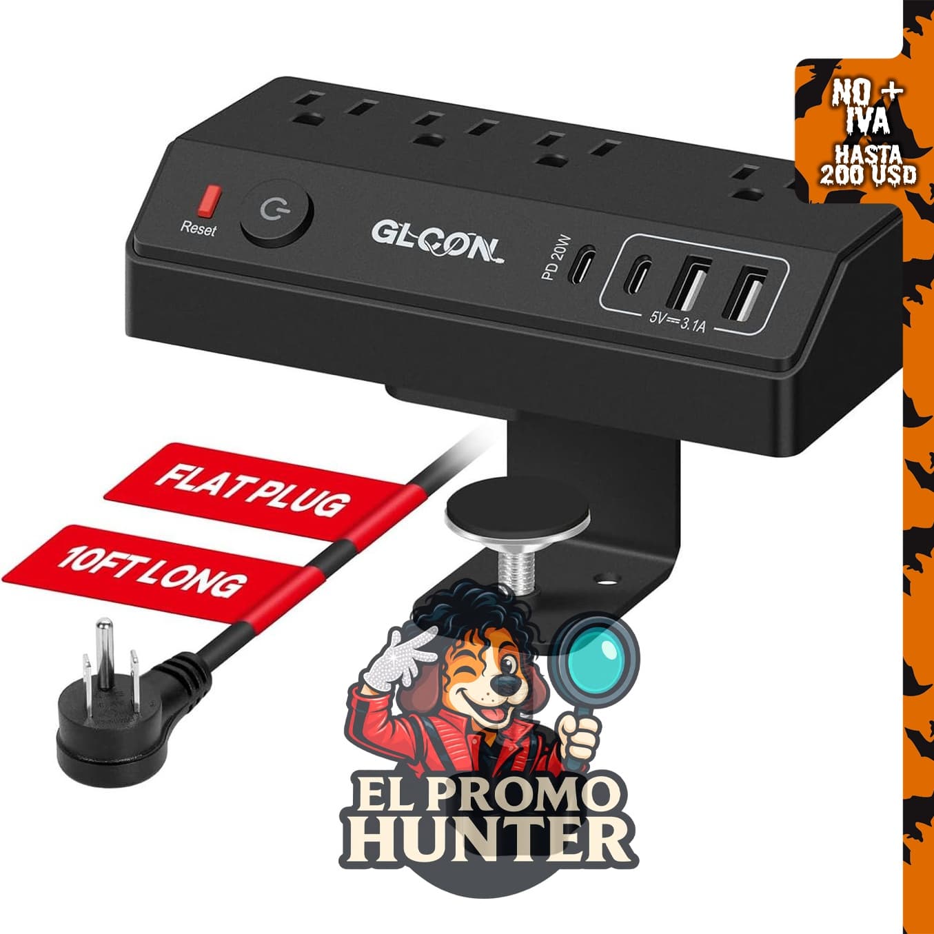 Desk Clamp Power Strip, estación de carga rápida USB C de 20W.