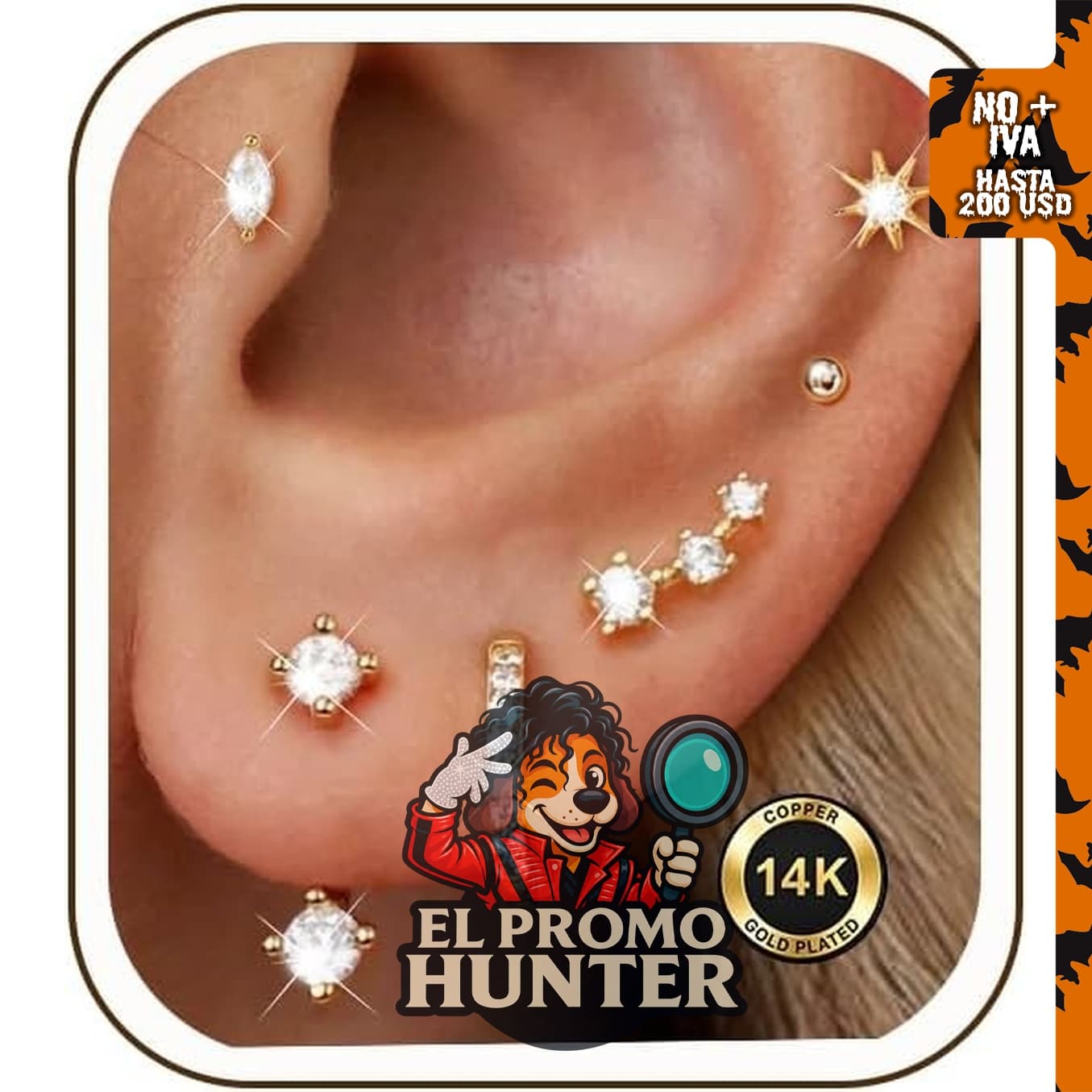 Set de 6 aretes tipo dormilona chapados en oro de 14 quilates, hipoalergénicos y pequeños.