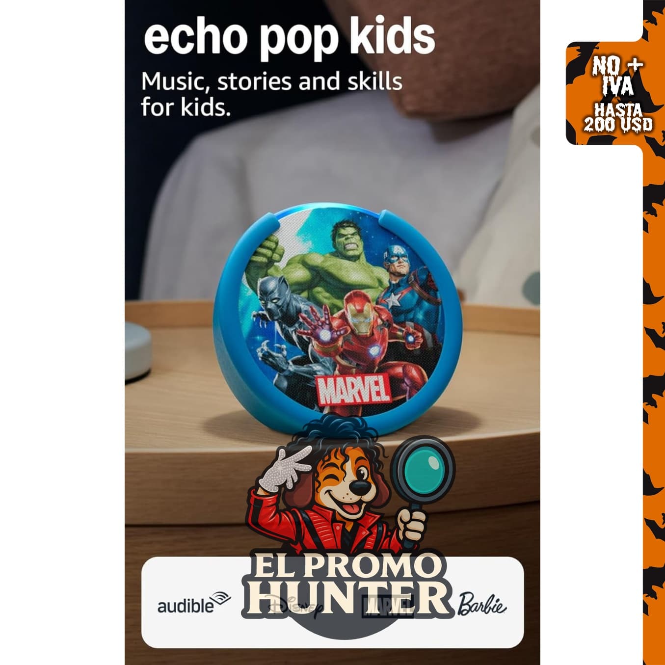 Amazon Echo Pop Kids (último modelo) con diseño Avengers de Marvel, compatible con Alexa+.