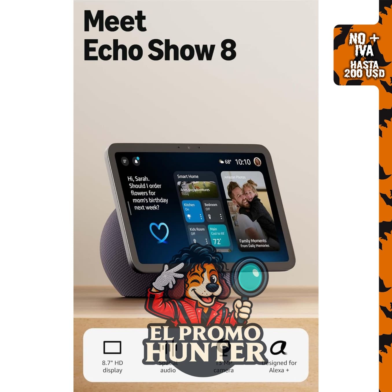 Amazon Echo Show 8 (modelo más reciente) con pantalla HD de 8.7" y audio espacial.