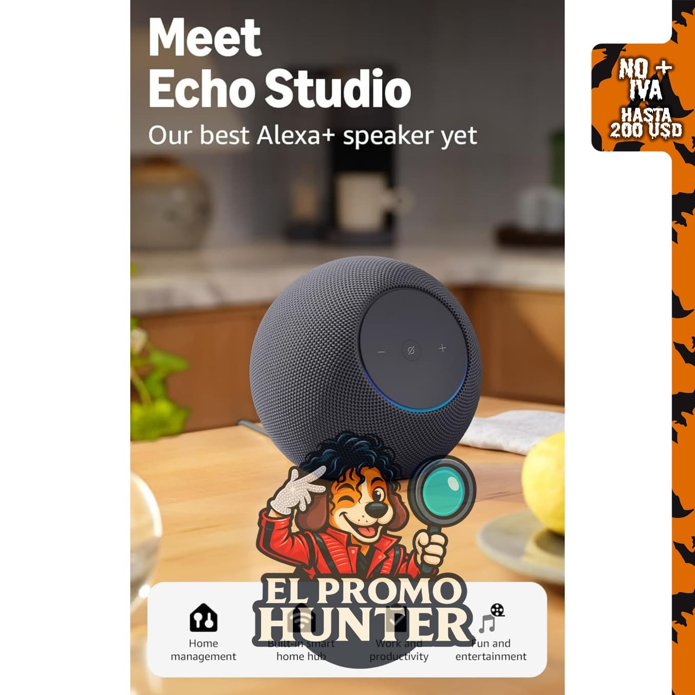 Amazon Echo Studio, audio espacial inmersivo con Dolby Atmos, acceso anticipado a Alexa+, color grafito.