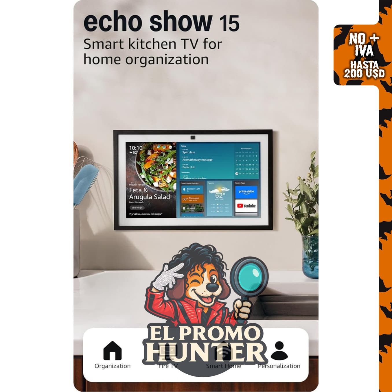 Amazon Echo Show 15, hub de cocina Full HD de 15.6" con Fire TV y control remoto por voz Alexa.