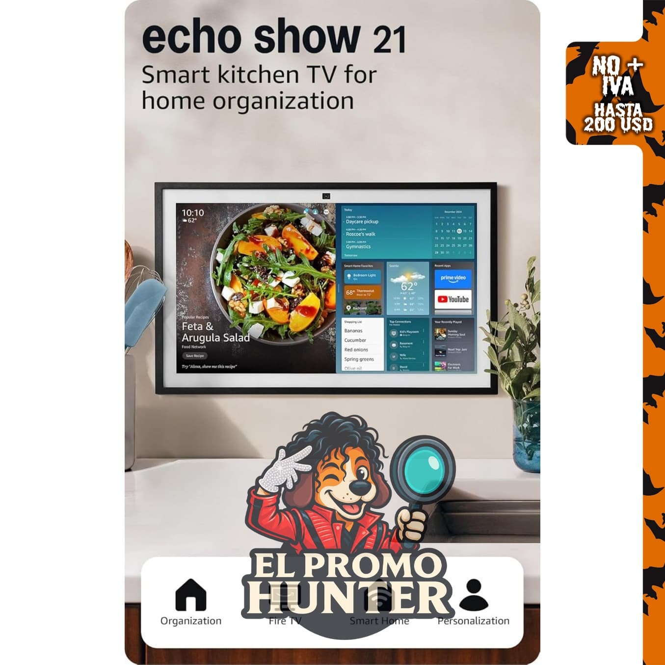 Amazon Echo Show 21, hub de cocina Full HD de 21" con Fire TV y control remoto por voz Alexa.