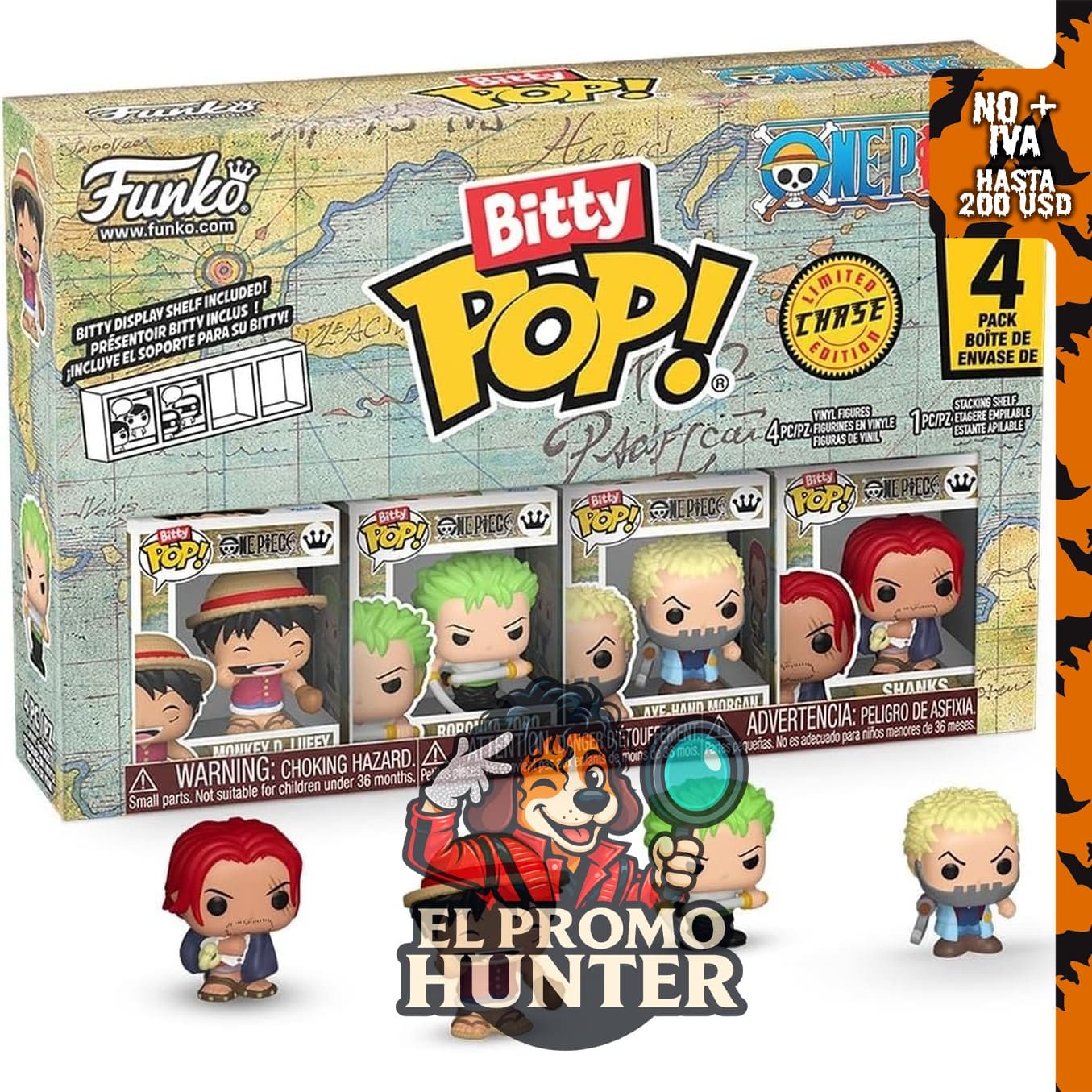Funko Bitty Pop! One Piece - Monkey D. Luffy, Roronoa Zoro, Axe Hand Morgan y figura sorpresa, 2,2 cm.