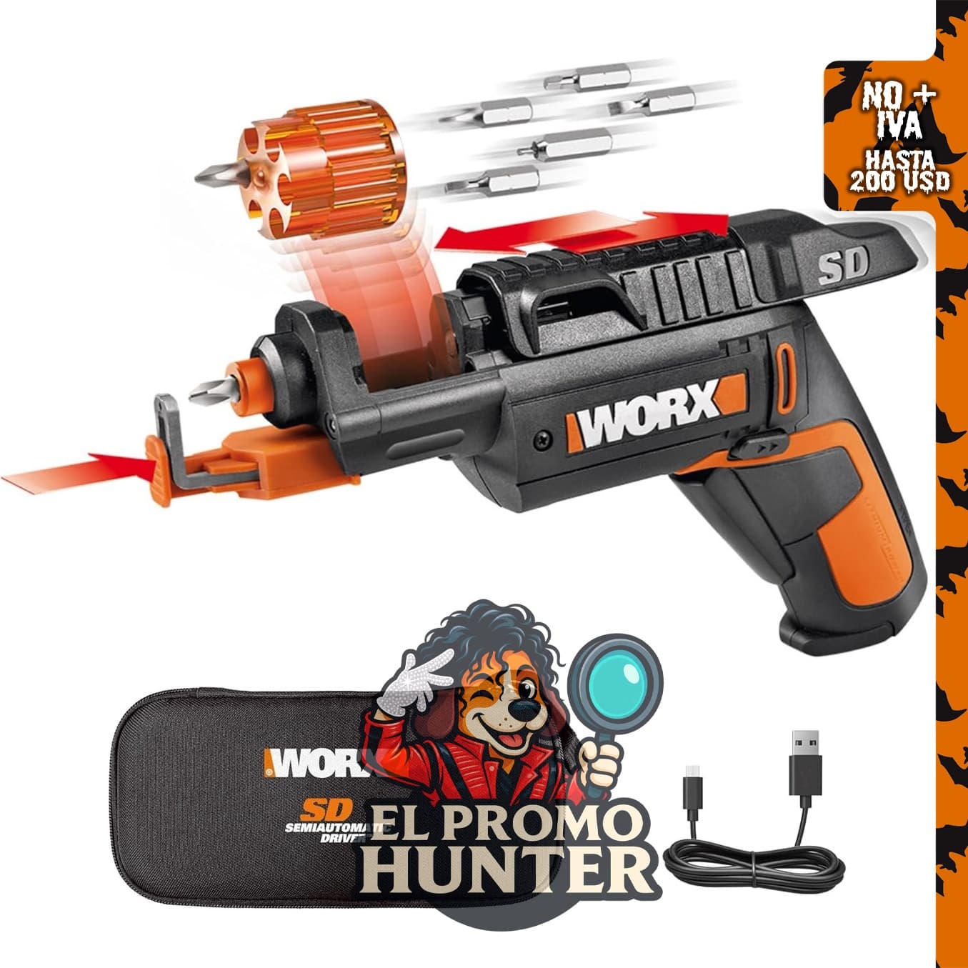WORX Destornillador inalámbrico de 4 V con 6 bits y soporte.