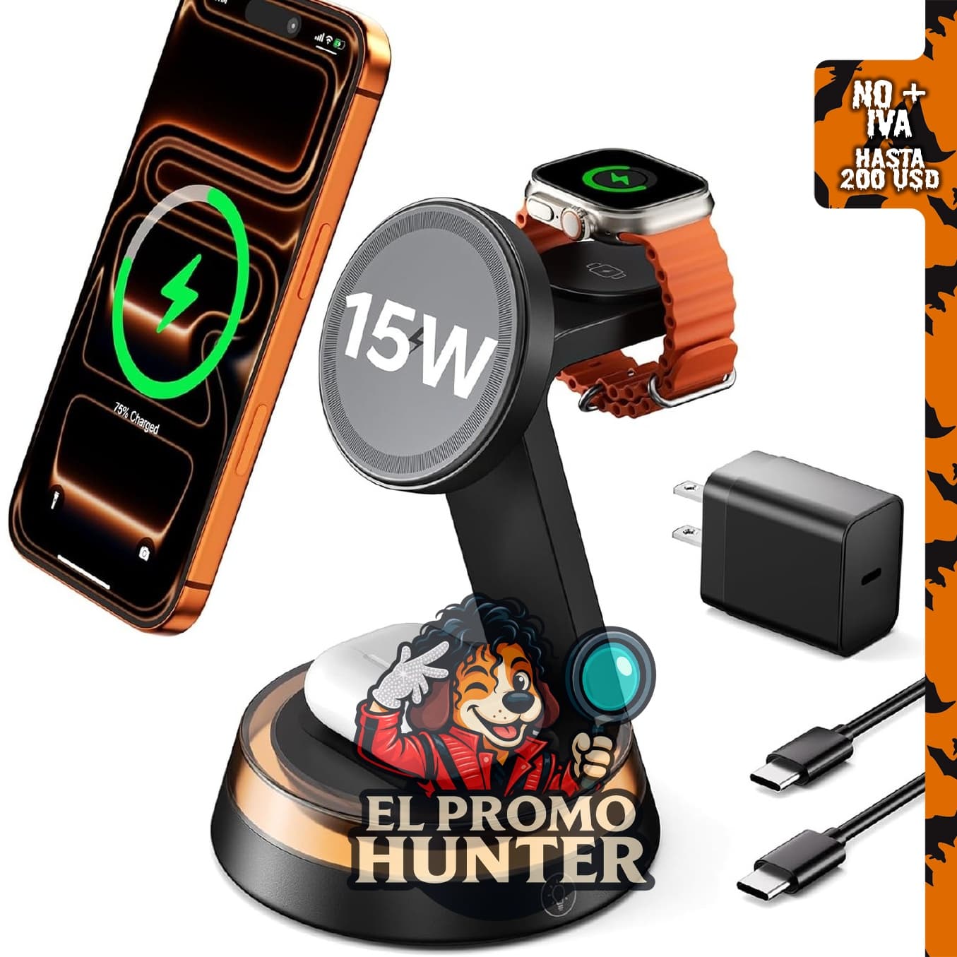 KPON Estación de carga 3 en 1 para iPhone y reloj, soporte de cargador.