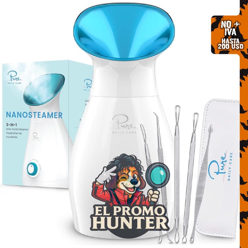 Pure Daily Care NanoSteamer Grande 3 en 1, vaporizador facial nano iónico con control de temperatura y humidificador.