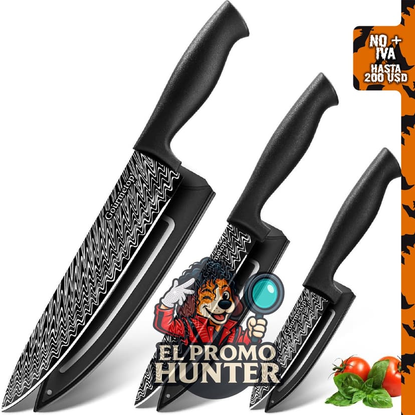 Set de cuchillos de cocina Gourmetop de 3 piezas con cubierta, cuchillos negros afilados.