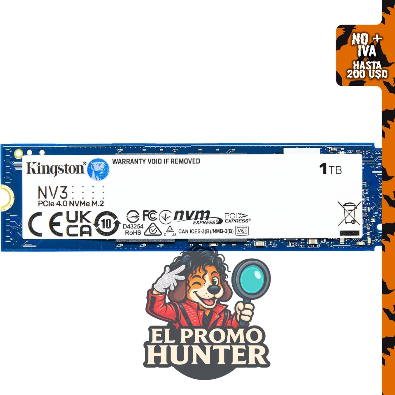 Kingston NV3 1TB M.2 2280 NVMe SSD, PCIe 4.0 Gen 4x4, velocidad de hasta 6000 MB/s.