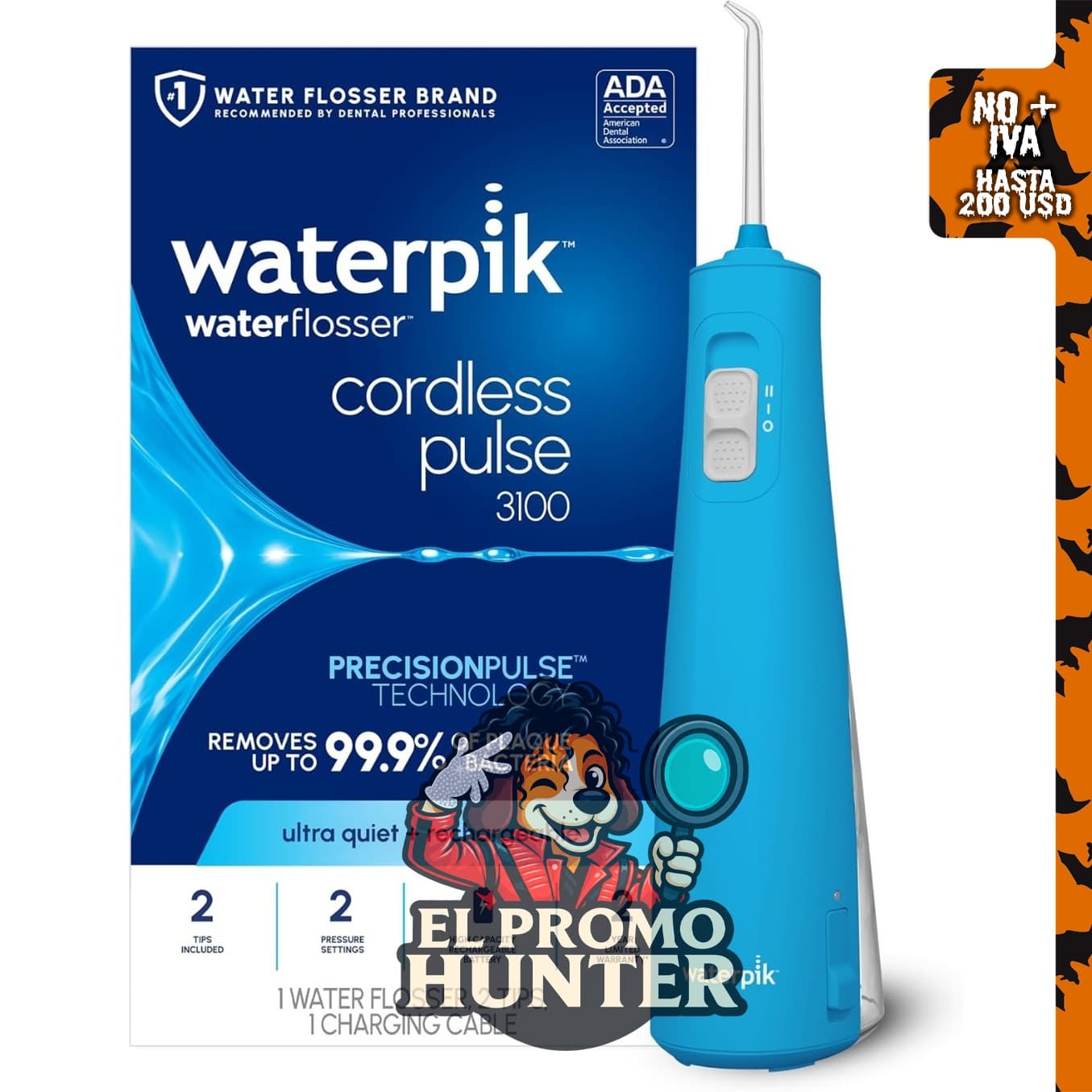 Waterpik Inalámbrico Pulse 3100, irrigador dental portátil y recargable.