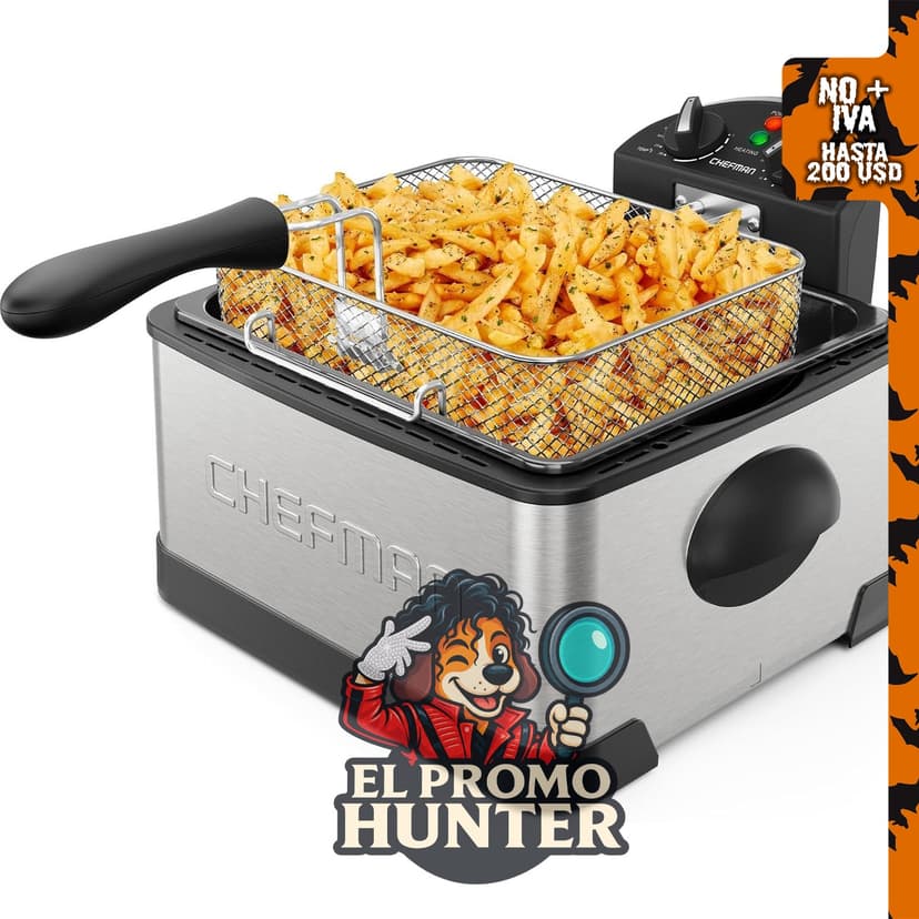Chefman Freidora de 4.5 litros con colador de canasta, temperatura y temporizador ajustables.