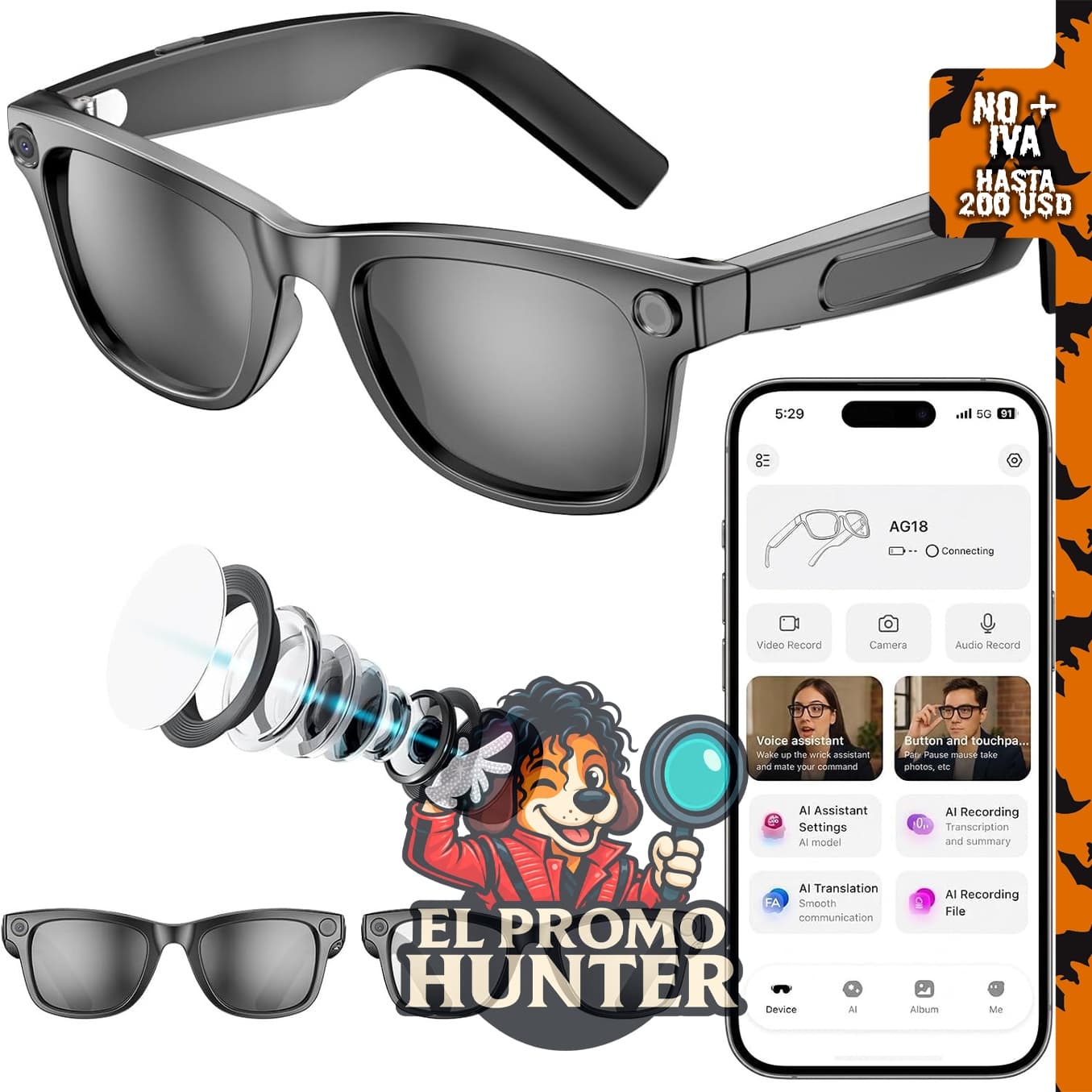 Gafas inteligentes Sumaifiber con cámara y Bluetooth.