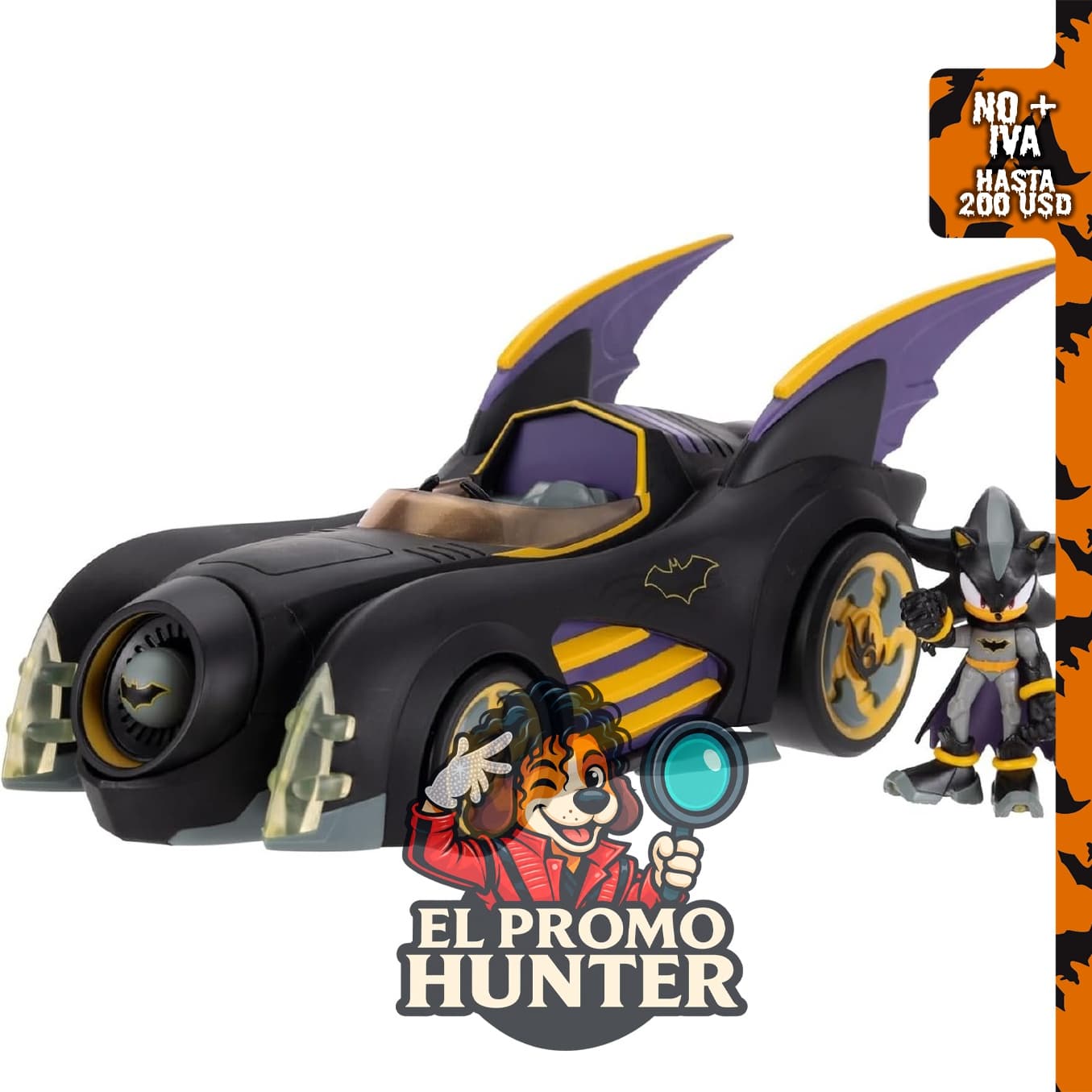 DC X Sonic Batmobile con figura de acción de Shadow de 2.5" como Batman, de la serie DC x Sonic The Hedgehog.