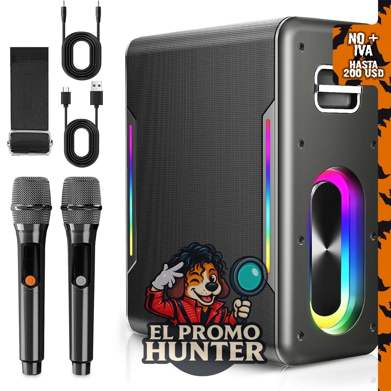 Máquina de karaoke portátil con 2 micrófonos inalámbricos y luces LED.