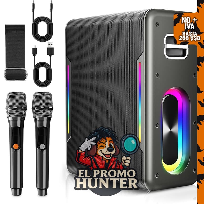 Máquina de karaoke portátil con 2 micrófonos inalámbricos y luces LED.