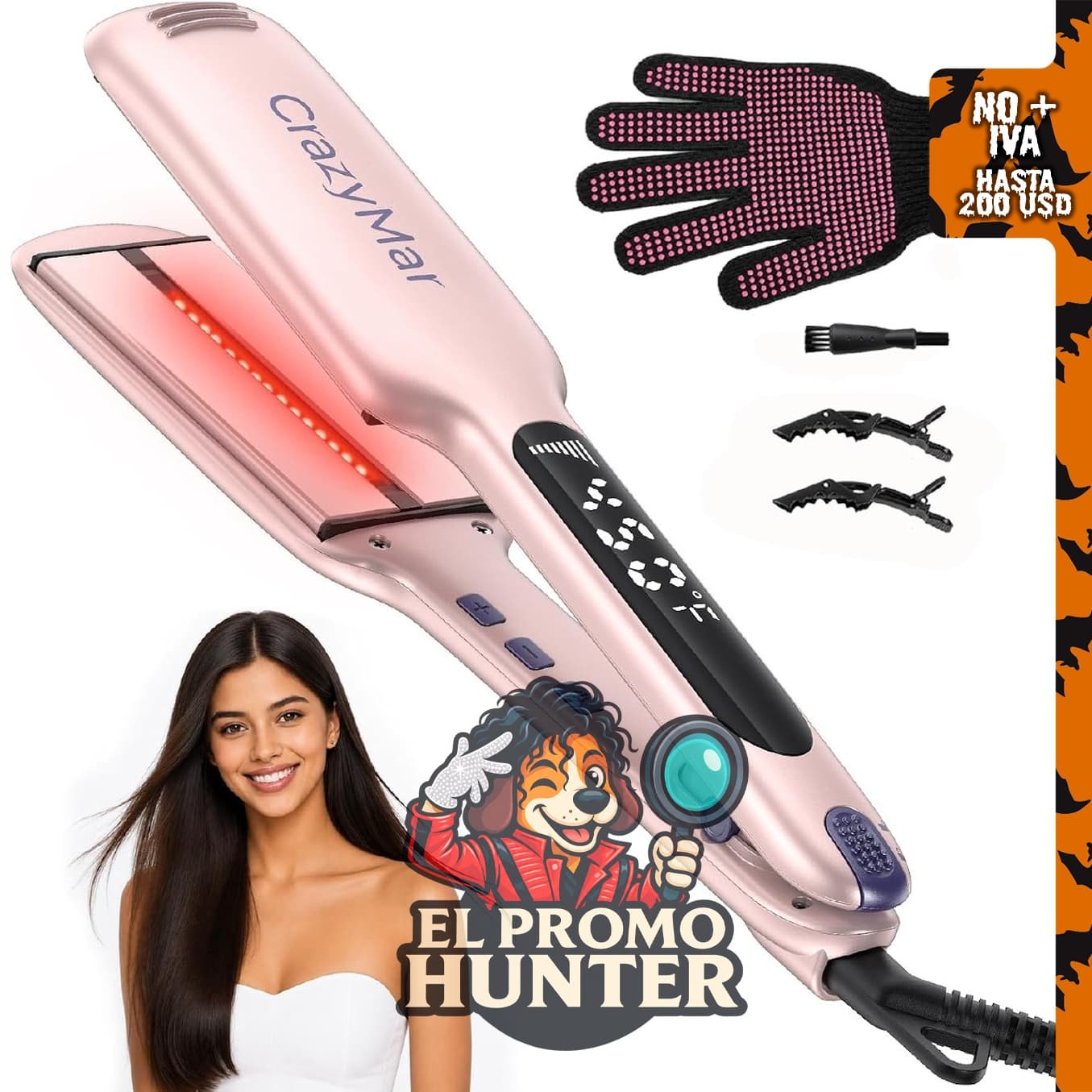 Plancha de cabello CrazyMar 2" con infrarrojos, pantalla LED digital y voltaje dual.