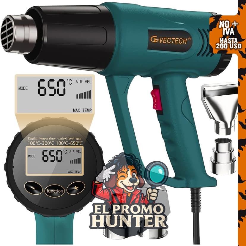 Pistola de calor VECTECH con ajustes de temperatura de 572°F (300°C) y 1112°F (600°C), incluye 4 boquillas.
