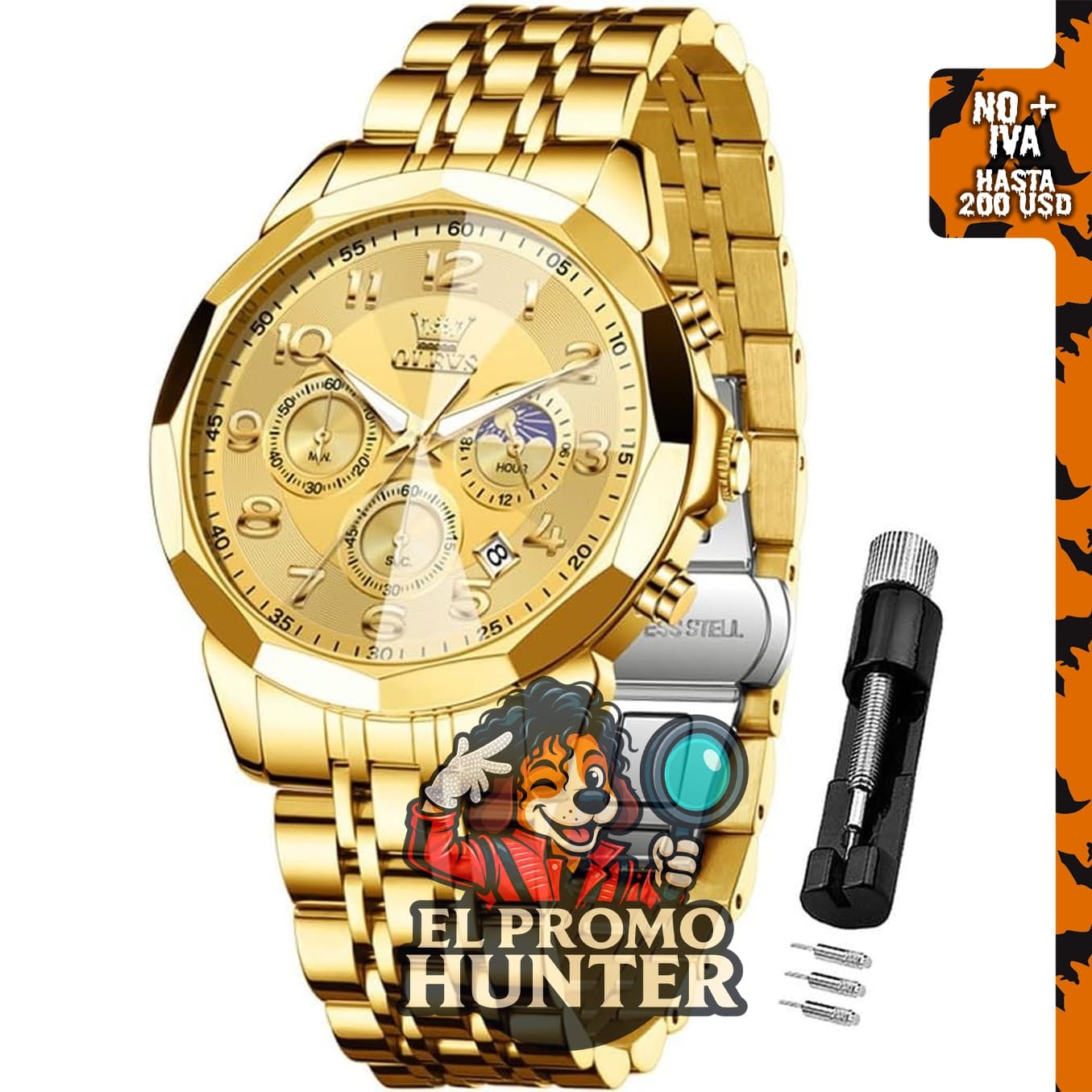 OLEVS Reloj de pulsera para hombre de acero inoxidable con diamantes analógicos y función de fecha.