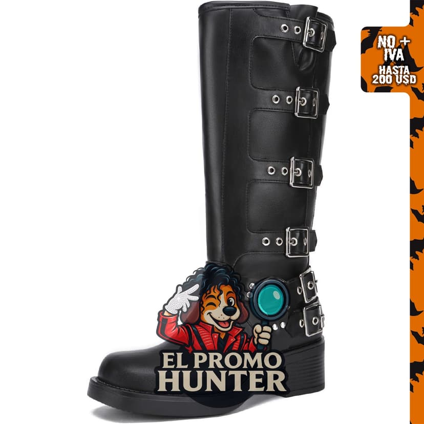 Botas de equitación hasta la rodilla para mujer, con hebilla, punta cuadrada y tacón grueso.