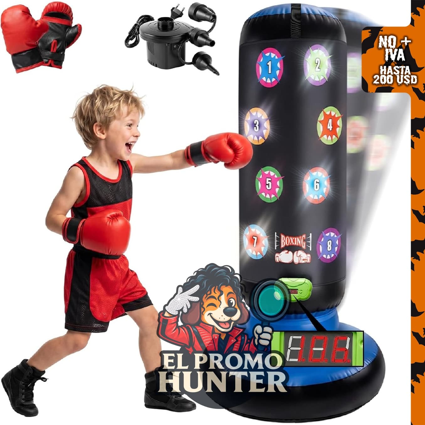 Saco de boxeo para niños DXXUNS, con luces LED de puntuación y 6 modos de juego.