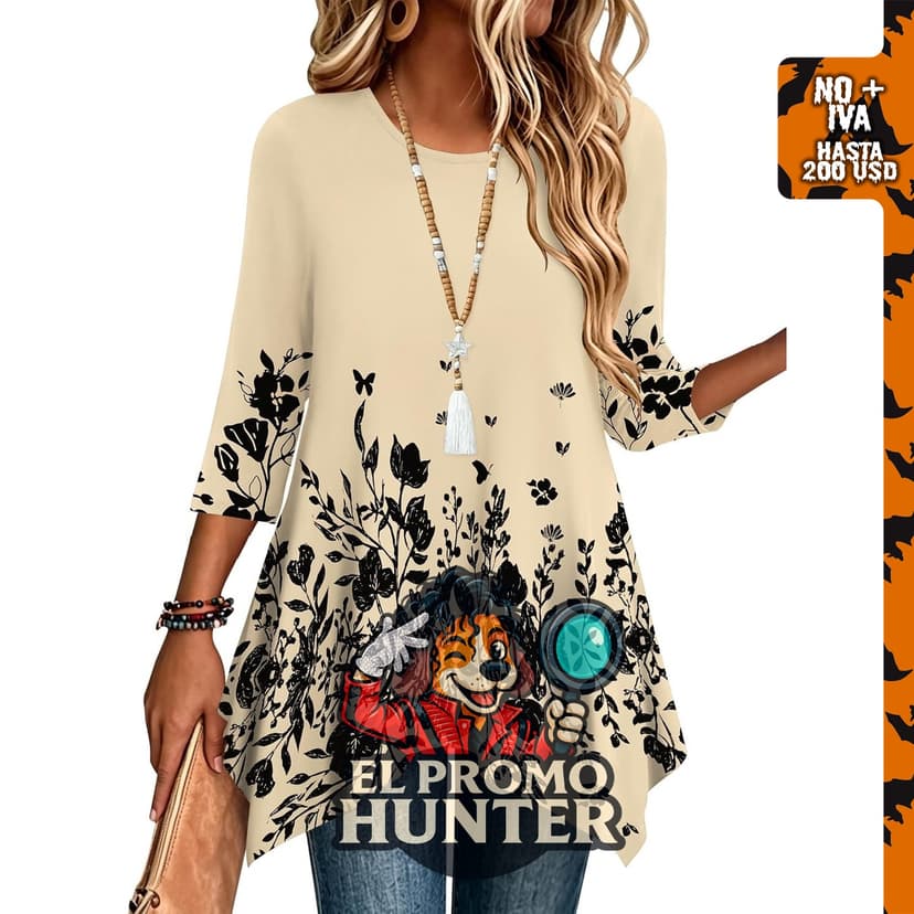 Camiseta de manga 3/4 para mujer, ajuste holgado, diseño de túnica.