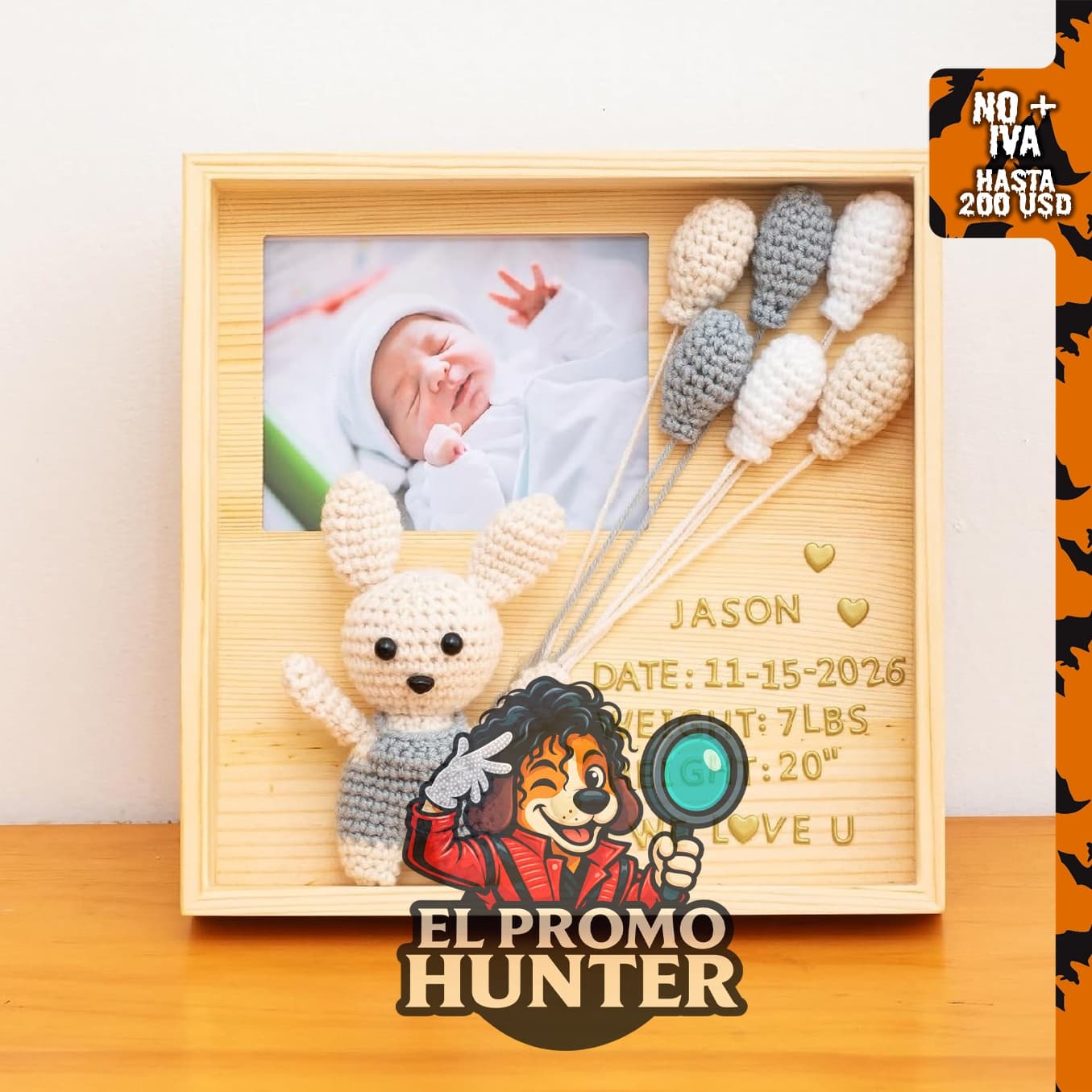 Marco de recuerdo personalizado para bebé con diseño de conejo de ganchillo y globos, marco de madera para fotos de 10 x 12.7 cm.