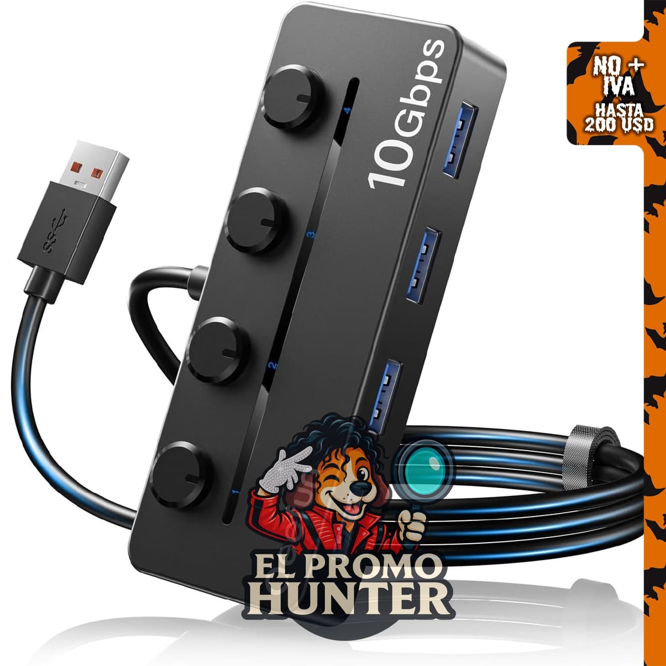 Qeefun Hub USB 3.2 de 4 puertos con interruptores de alimentación LED, divisor USB 3.2 Gen 2, transferencia de datos de 10 Gbps y cable de extensión de 1.2 m.